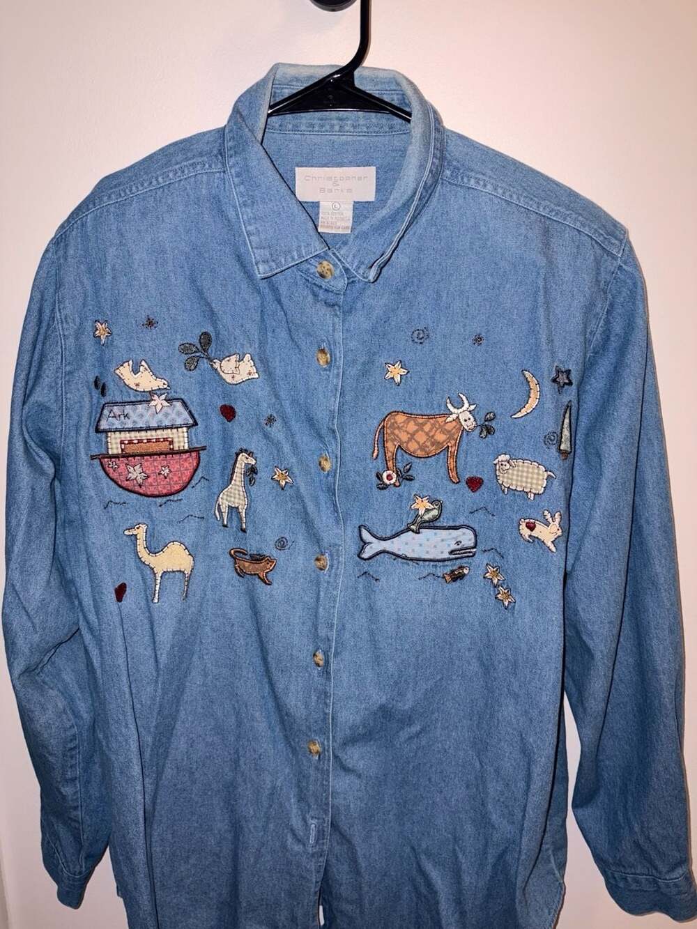 Christopher & Banks Women's Long Sleeve Denim Shirt with Noah's Ark Embroidery